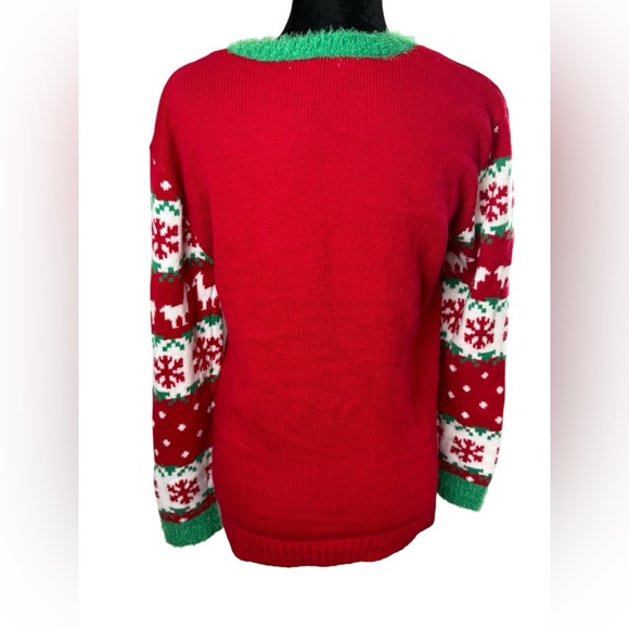 Hooked Up Ugly Christmas Sweater Red with Llama Design POM POM & jingle bells - Picture 9 of 13